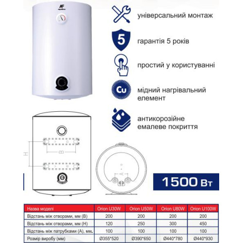Водонагрівач електричний Aquaforce - Orion U100W (універсальний, круглий, мокрий)