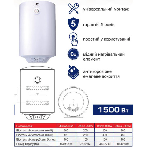 Водонагреватель электрический Aquaforce - Ultima U100W универсальный